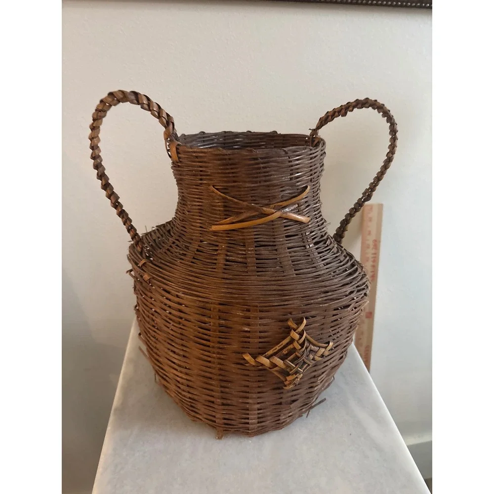Vintage Hand Woven Wicker Amphora Basket Vase Dual Handles Dark Brown 12 Inch